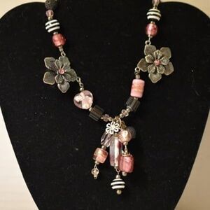 Rare Find Pink Bliss Hearts/Flowers Silver Tone Pink/Black Beads Choker Necklace